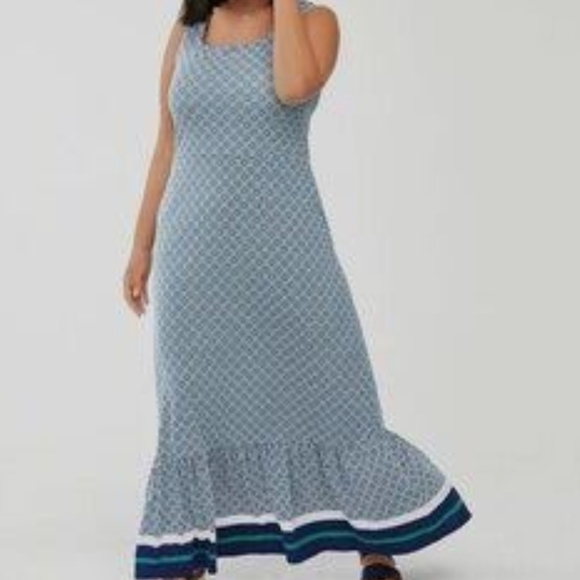 Lands' End Dresses & Skirts - Lands' End Blue Patterned Sleeveless Maxi Dress with Tiered Hem & Pockets Sz LP